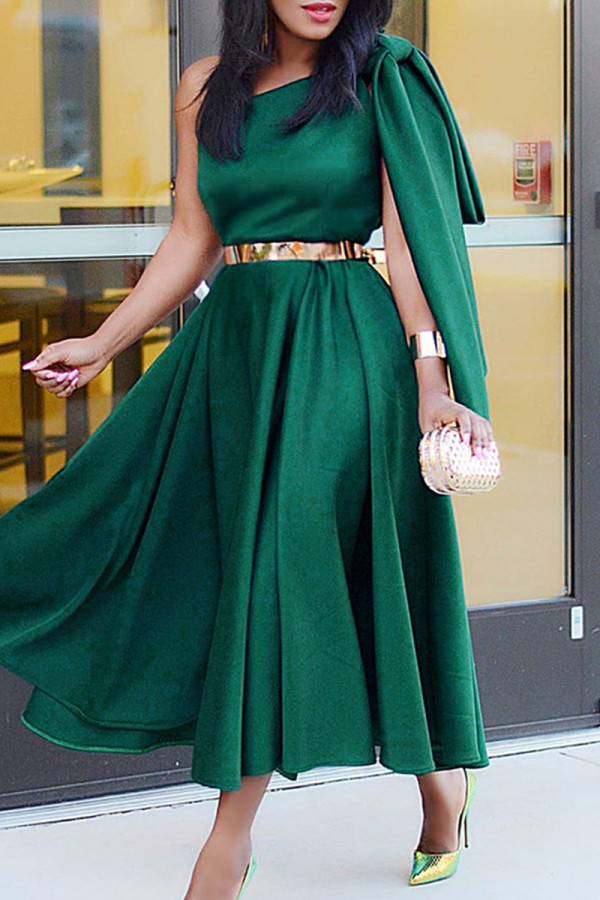 Green Fashion Casual Solid Patchwork Oblique Collar Sleeveless Dress (Without Belt)