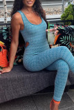 Blue Sexy Casual Print Hollowed Out Patchwork U Neck Skinny Jumpsuits