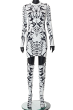 White Sexy Print Patchwork Half A Turtleneck Long Sleeve Two Pieces