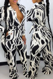 Blue Fashion Casual Print Patchwork Turndown Collar Long Sleeve Two Pieces