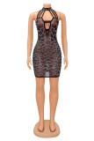 Black Sexy Patchwork Hot Drilling Hollowed Out See-through Backless Halter Sleeveless Dress