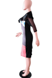 Black Fashion Print Flounce O Neck Straight Dresses