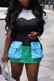 Green Sexy Color Block Draw String Pocket Contrast O Neck Waist Skirt Dresses