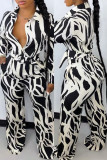Blue Fashion Casual Print Patchwork Turndown Collar Long Sleeve Two Pieces