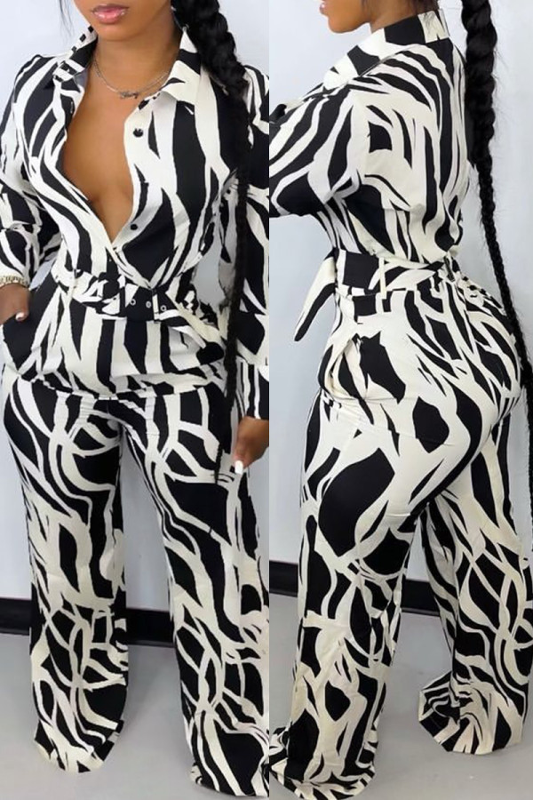 White Fashion Casual Print Patchwork Turndown Collar Long Sleeve Two Pieces