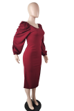 Red Fashion Solid High Opening Square Collar Pencil Skirt Dresses