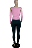 Pink Casual Sportswear Solid Hollowed Out Patchwork U Neck Long Sleeve Two Pieces