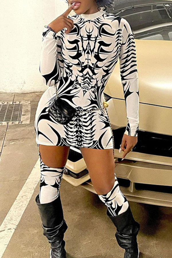 White Sexy Print Patchwork Half A Turtleneck Long Sleeve Two Pieces