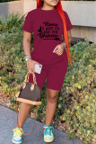 Red Fashion Casual Print Patchwork O Neck Short Sleeve Two Pieces