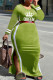 Army Green Fashion Casual Letter Print Patchwork O Neck Plus Size Dresses (Without Belt)