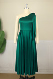Green Fashion Casual Solid Patchwork Oblique Collar Sleeveless Dress (Without Belt)