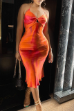Red Sexy Print Patchwork Spaghetti Strap Pencil Skirt Dresses