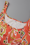 Orange Sexy Print Patchwork Square Collar Skinny Jumpsuits
