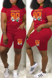 Red Fashion Casual Print Patchwork O Neck Short Sleeve Two Pieces
