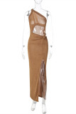 Brown Fashion Sexy Solid Hollowed Out Backless Slit Oblique Collar Sleeveless Dress