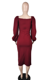 Burgundy Fashion Solid High Opening Square Collar Pencil Skirt Dresses