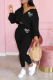 Black Fashion Print Patchwork V Neck Long Sleeve Two Pieces