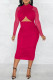 Rose Red Fashion Sexy Solid Hollowed Out Patchwork See-through Fold Long Sleeve Dresses