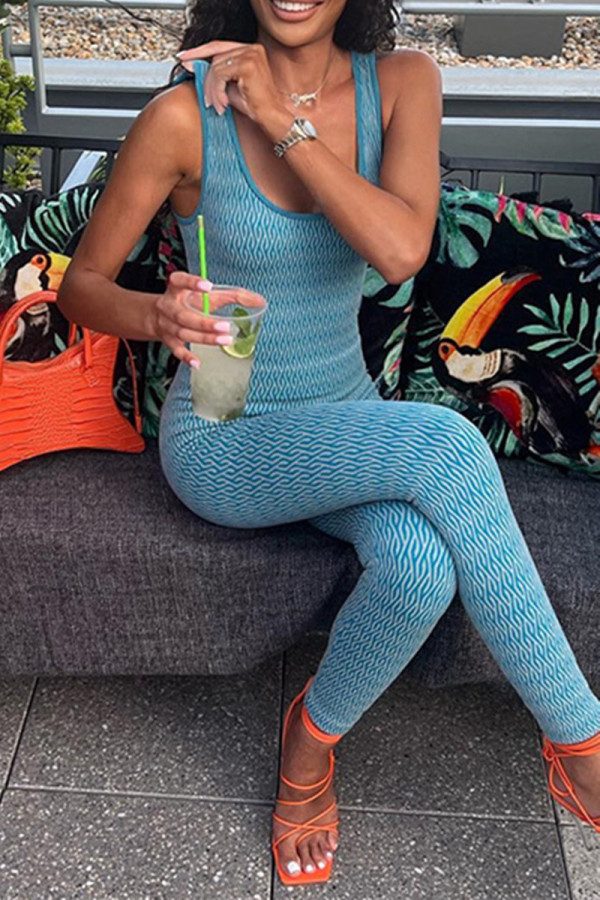 Blue Sexy Casual Print Hollowed Out Patchwork U Neck Skinny Jumpsuits