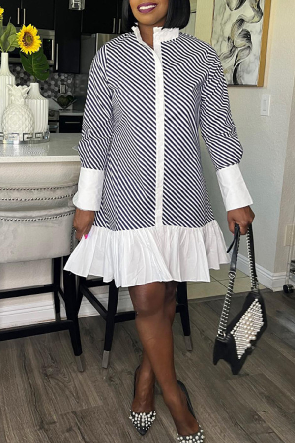 Black White Fashion Striped Shirt Collar Dresses