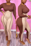 Brown Fashion Patchwork Color Block O Neck Skinny Jumpsuits