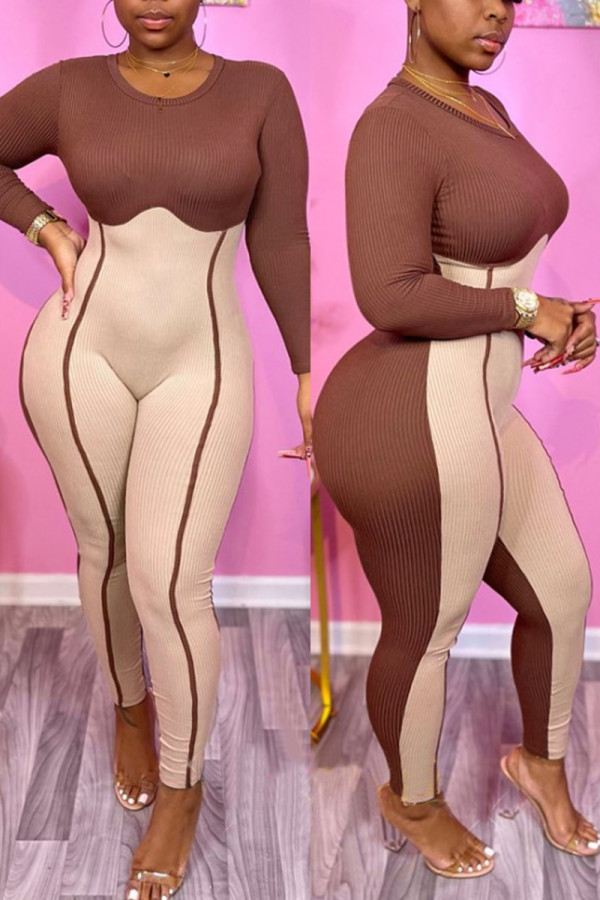 Brown Fashion Patchwork Color Block O Neck Skinny Jumpsuits