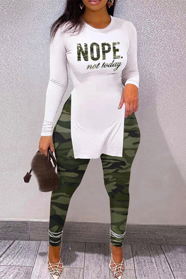 Camouflage Fashion Casual Print Slit O Neck Long Sleeve Two Pieces