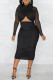 Black Fashion Sexy Solid Hollowed Out Patchwork See-through Fold Long Sleeve Dresses