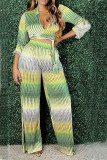 Green Casual Gradual Change Striped Print Strap Design Shirt Collar Two Pieces