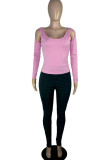 Pink Casual Sportswear Solid Hollowed Out Patchwork U Neck Long Sleeve Two Pieces