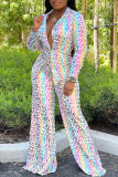 Colour Fashion Casual Print Patchwork Turn-back Collar Long Sleeve Two Pieces