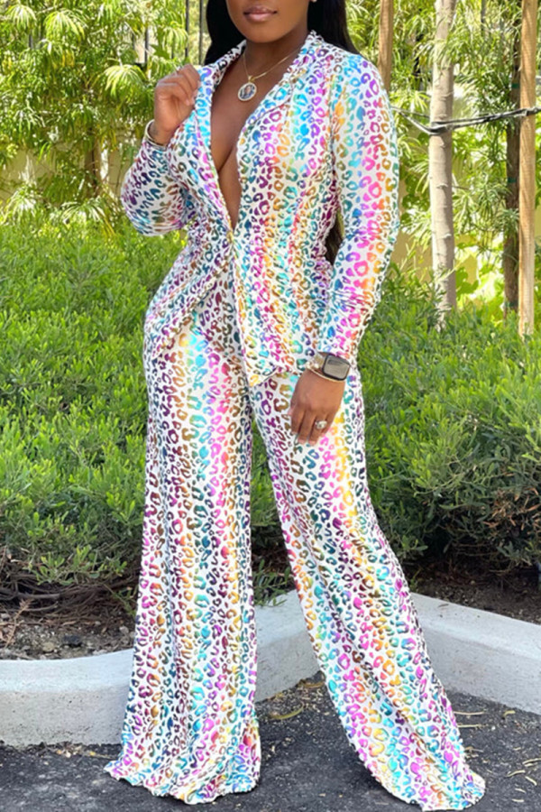 Colour Fashion Casual Print Patchwork Turn-back Collar Long Sleeve Two Pieces