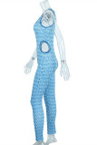 Blue Sexy Casual Print Hollowed Out Patchwork U Neck Skinny Jumpsuits