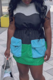 Green Sexy Color Block Draw String Pocket Contrast O Neck Waist Skirt Dresses