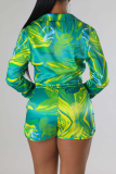 Green Casual Print Patchwork Turndown Collar Long Sleeve Two Pieces