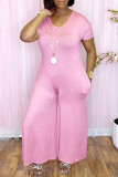 Pink Fashion Casual Solid Patchwork V Neck Regular Jumpsuits