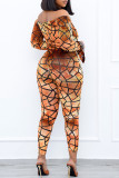 Orange Fashion Casual Print Patchwork Backless Off the Shoulder Skinny Jumpsuits