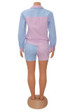 Pink Fashion Casual Striped Print Patchwork Turndown Collar Long Sleeve Two Pieces