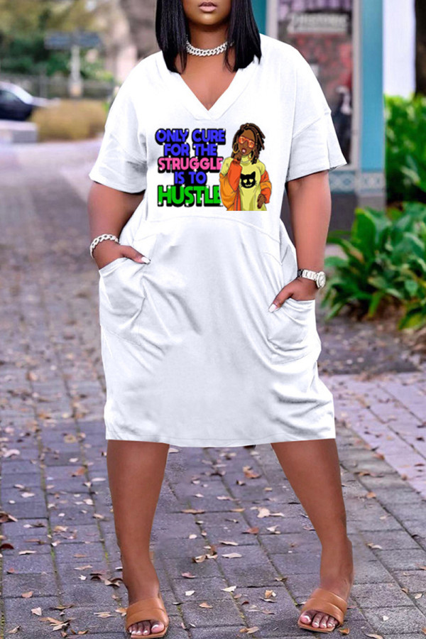 White Fashion Casual Print Patchwork V Neck Short Sleeve Dress