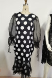 Black Fashion Casual Dot Print Patchwork O Neck One Step Skirt Dresses