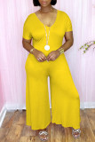 Pink Fashion Casual Solid Patchwork V Neck Regular Jumpsuits