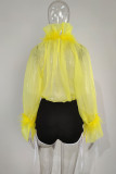 Blue Sexy Solid Patchwork See-through Feathers Turtleneck Tops