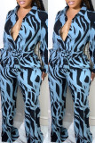 Blue Fashion Casual Print Patchwork Turndown Collar Long Sleeve Two Pieces