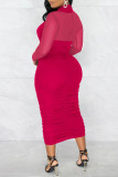Rose Red Fashion Sexy Solid Hollowed Out Patchwork See-through Fold Long Sleeve Dresses