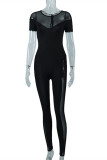 Black Fashion Sexy Solid Patchwork See-through O Neck Skinny Jumpsuits