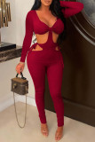 Blue Fashion Sexy Solid Bandage Hollowed Out V Neck Skinny Jumpsuits
