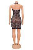Black Sexy Patchwork Hot Drilling Hollowed Out See-through Backless Halter Sleeveless Dress