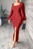 Burgundy Fashion Solid High Opening Square Collar Pencil Skirt Dresses