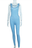 Blue Sexy Casual Print Hollowed Out Patchwork U Neck Skinny Jumpsuits