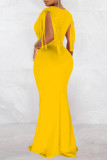 Yellow Fashion Sexy Solid Tassel Patchwork V Neck Long Dress